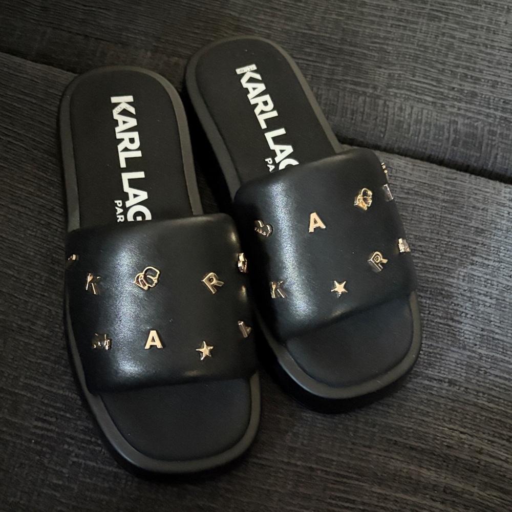 Karl Lagerfeld Black Slides with Metallic Details